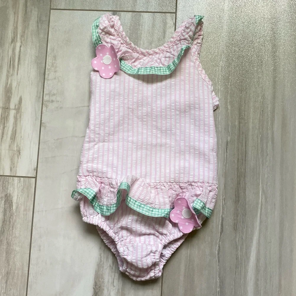 Funtasia Too! Light Pink Seersucker One-Piece Swimsuit with Smocked Back, 4T